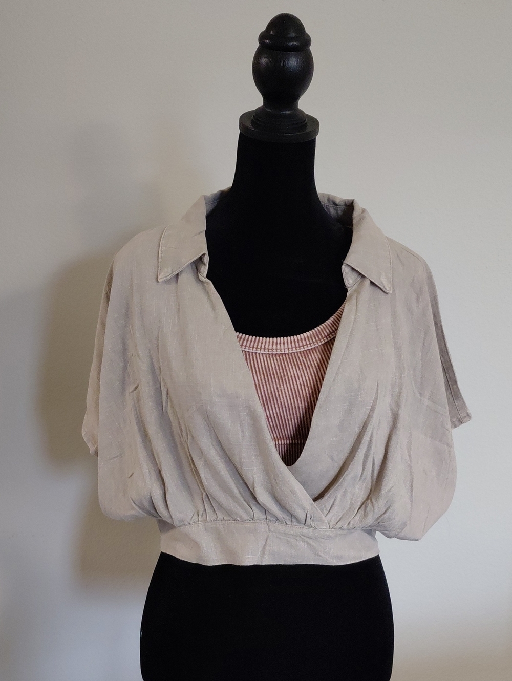 Light Taupe Wrap Front Women's Top with Collar